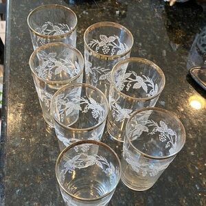 Vintage Bartlett Collin’s Set of 7 Grape Leaf Etched Glassware with Gold Rim